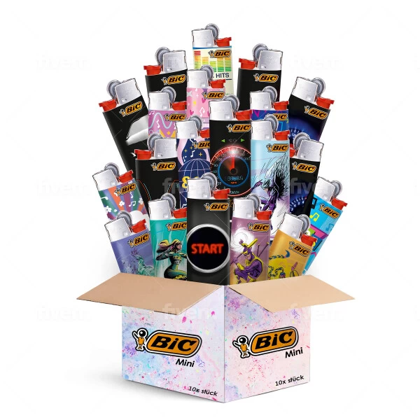 BIC Mini Feuerzeuge 10 Stück - Top Motive - 10er Mix-Paket - BIC J25 Mit Reibrad 3 BIC Mini Feuerzeuge 10 Stück - Top Motive - 10er Mix-Paket - BIC J25 Mit Reibrad