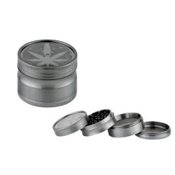 Metall Grinder 4-teilig, 60 Mm, Hanfblatt Silber Mit Sichtfenster