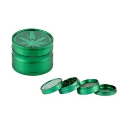Metall Grinder 4-teilig, 60 Mm, Hanfblatt Grün Mit Sichtfenster