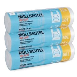Müllbeutel 50 Liter Mit Griff 3 Rollen - Reißfest & Wasserdicht - 15 Stk Pro Rolle
