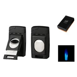 Premium Feuerzeug 2xJet Schwarz Mit Cutter, Ring 58