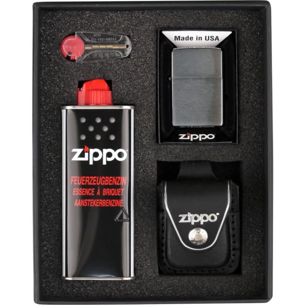 Zippo Geschenkset Mit Feuerzeug Und Ledertasche Schwarz/Schlaufe 3 Zippo Geschenkset Mit Feuerzeug Und Ledertasche Schwarz/Schlaufe